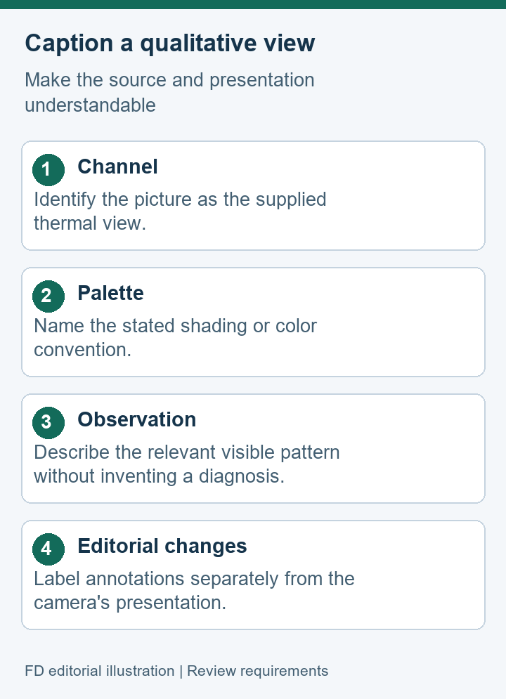 Editorial thermal caption checklist for channel, palette, visible observation and changes