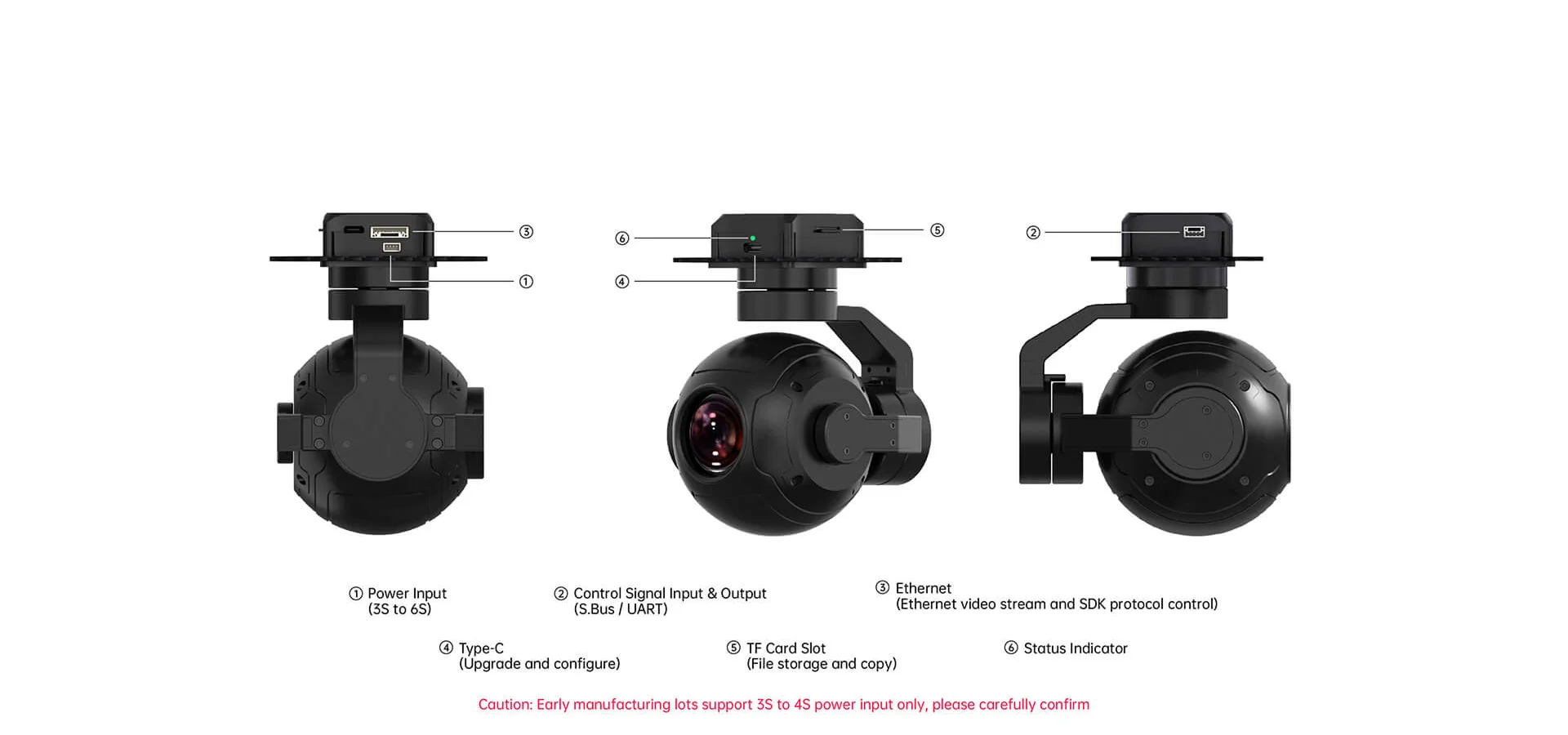 SIYI ZR10 connector diagram with front rear and side views