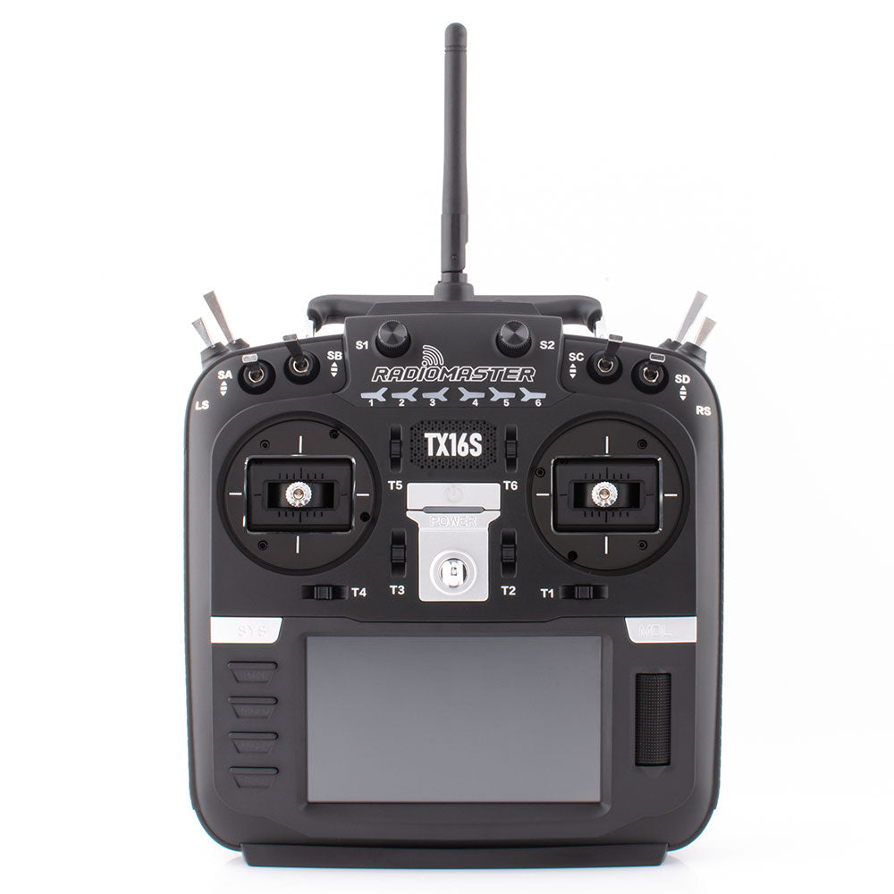 Front view of RadioMaster TX16S Mark II radio with its settings screen