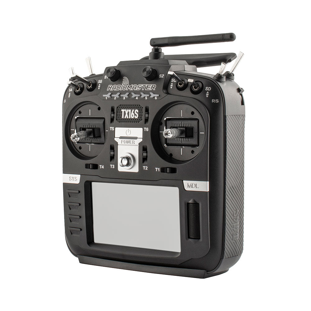 Angled RadioMaster TX16S Mark II view showing the side grip and physical controls