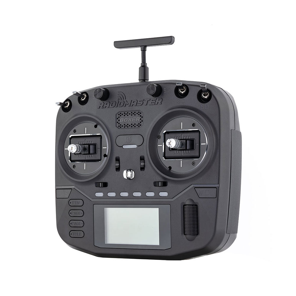 Angled view of RadioMaster Boxer showing the grip depth and physical radio controls