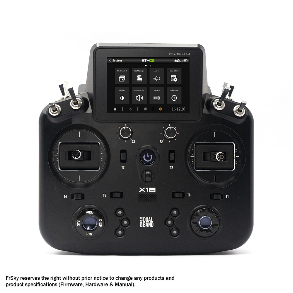 Black FrSky Tandem X18 front view with ETHOS touch display and aircraft control sticks