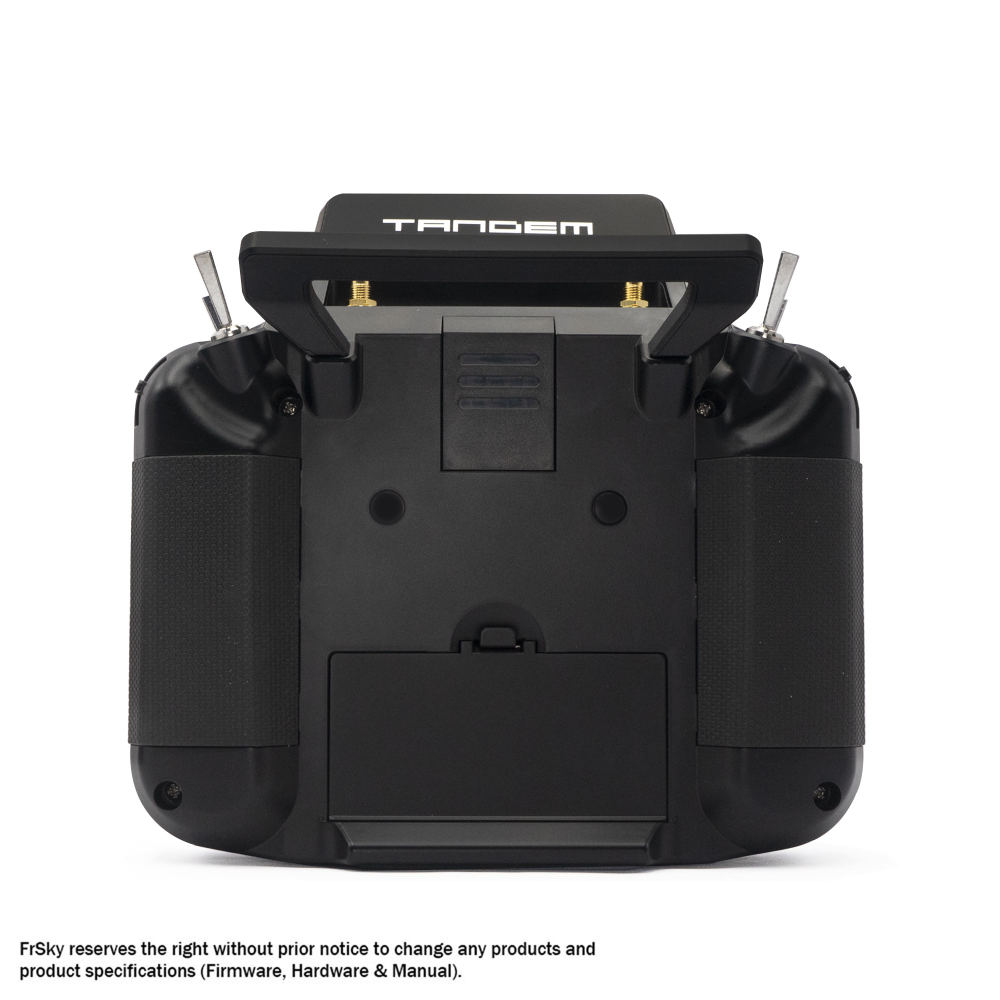 Rear view of FrSky Tandem X18 showing the carry handle, grips, battery cover and Lite module compartment