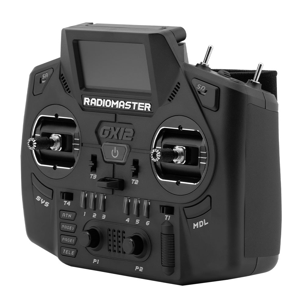 RadioMaster GX12 radio shown from an angle with folded antennas